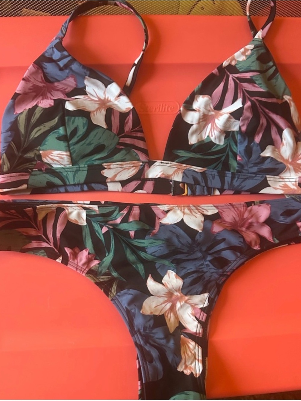 Women’s Hollister Floral Triangle Bikini Set in Black with Pink & Green Flowers